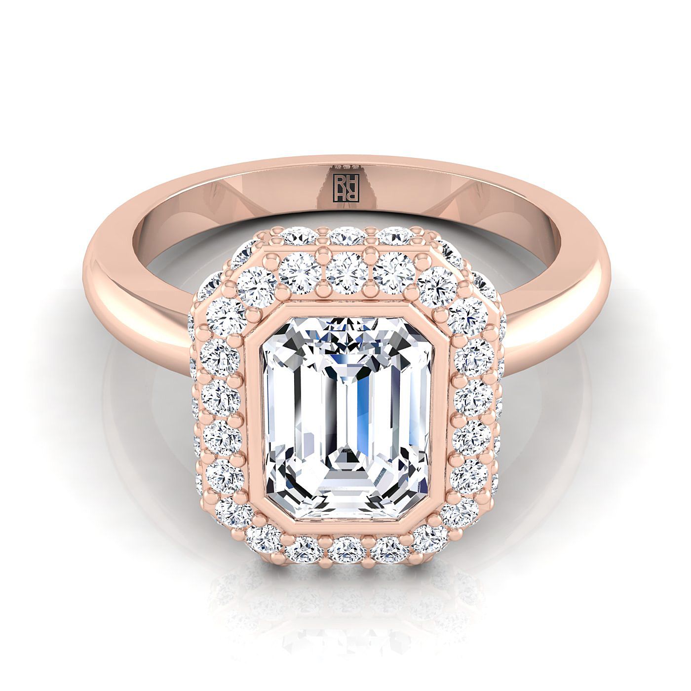 European Cut, 3D Bezel Pavé Halo Solitaire Emerald, in 14K Rose Gold | RockHer
