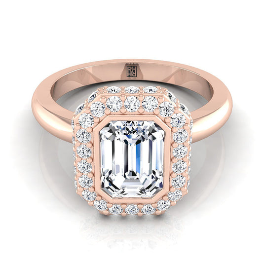 European Cut, 3D Bezel Pavé Halo Solitaire Emerald, in 14K Rose Gold | RockHer
