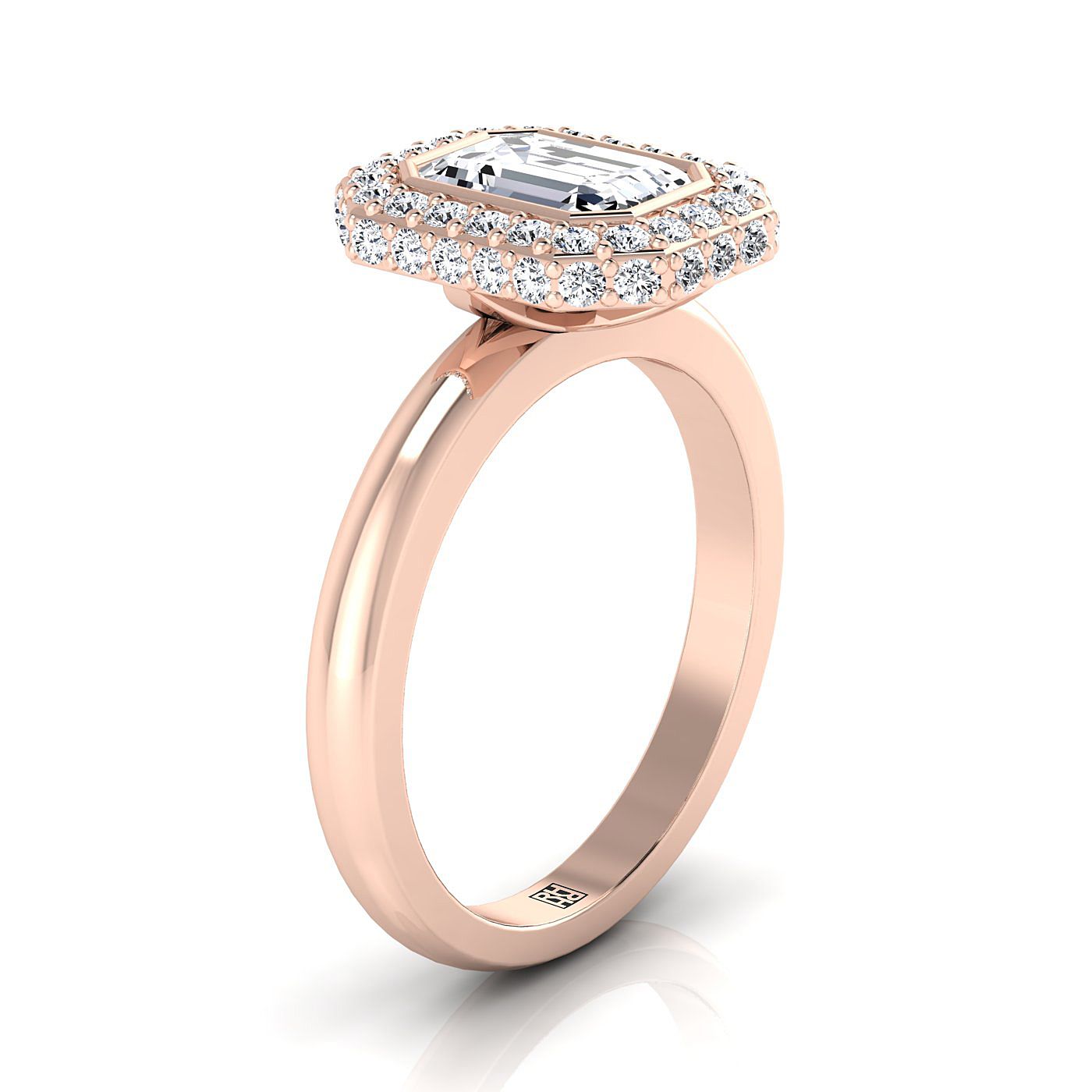 European Cut, 3D Bezel Pavé Halo Solitaire Emerald, in 14K Rose Gold – side profile | RockHer