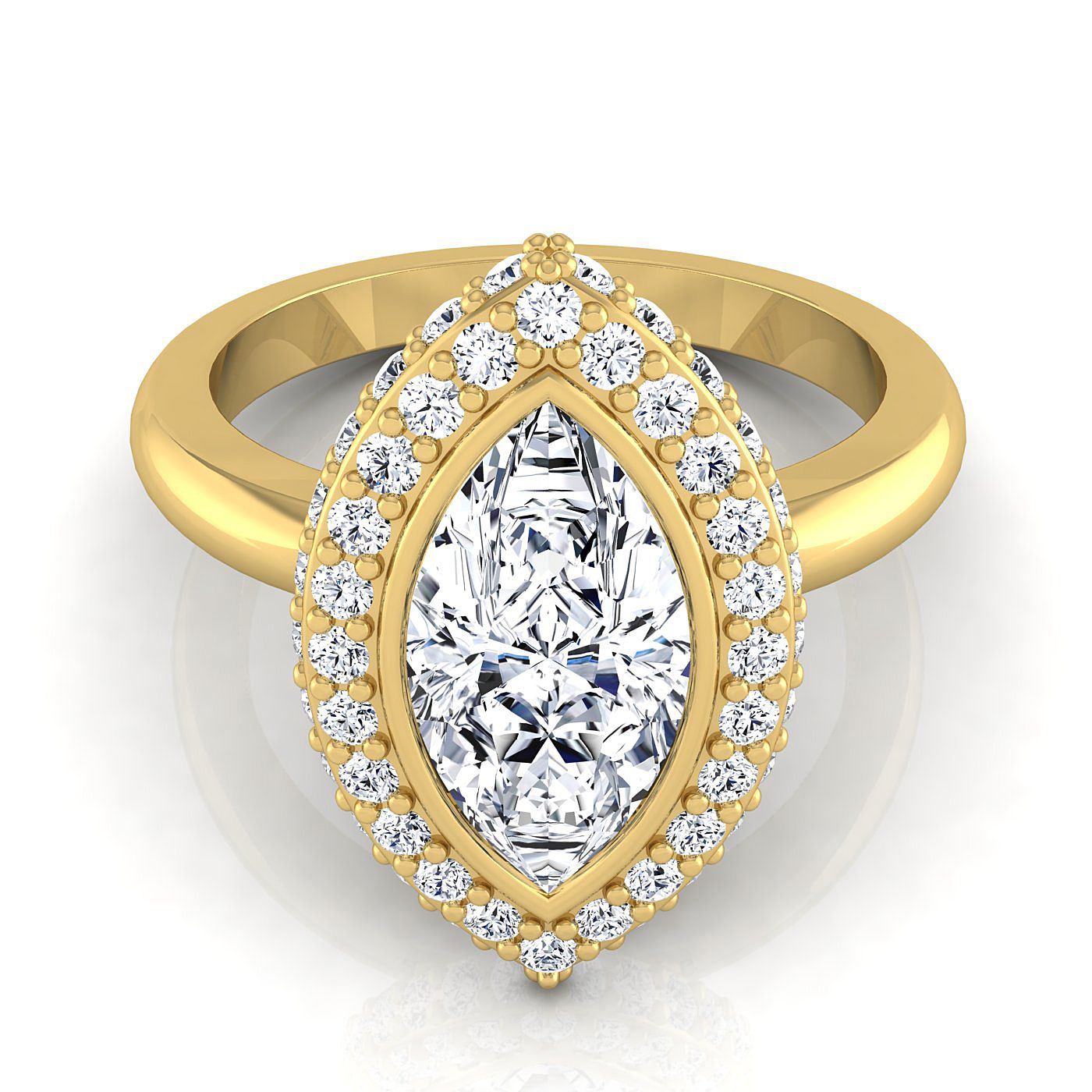 แหวนหมั้นเดี่ยว 14K ทองเหลืองรูปมาร์คีส์ ขอบเบเซล ประดับเพชรแบบปาเว่ 3D ฮาโล