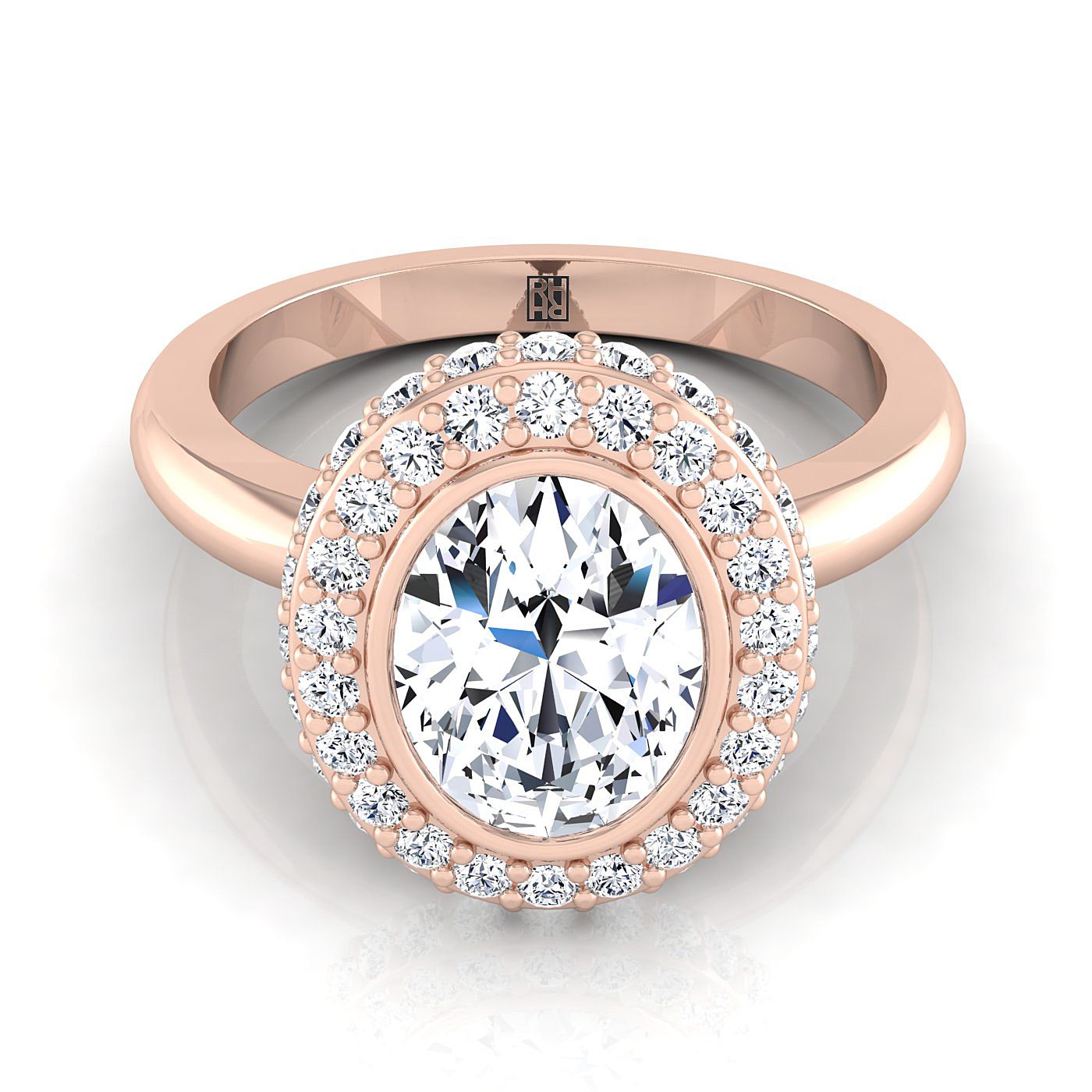 3D Bezel Pavé Halo Solitaire Oval, in 14K Rose Gold | RockHer