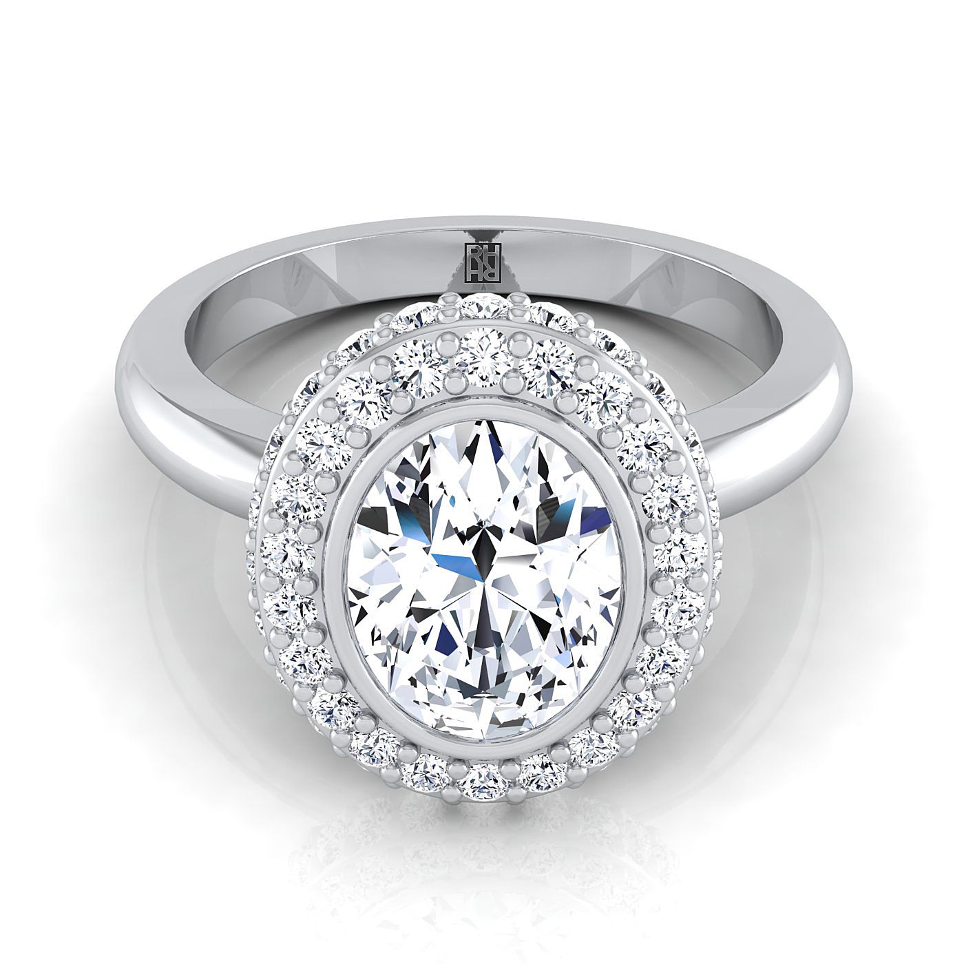 แหวนหมั้นเดี่ยวแบบโซลิแทร์ทรงวงรี 3D ฮาโล่ ประดับเพชรแบบปาเว่ ขอบตัวเรือนทองคำขาว 14K