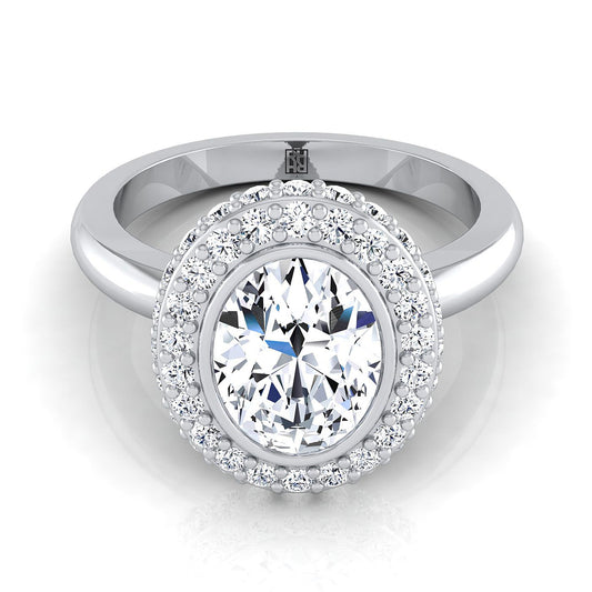 แหวนหมั้นเดี่ยวแบบโซลิแทร์ทรงวงรี 3D ฮาโล่ ประดับเพชรแบบปาเว่ ขอบตัวเรือนทองคำขาว 14K