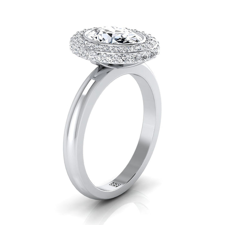 แหวนหมั้นเดี่ยวแบบโซลิแทร์ทรงวงรี 3D ฮาโล่ ประดับเพชรแบบปาเว่ ขอบตัวเรือนทองคำขาว 14K