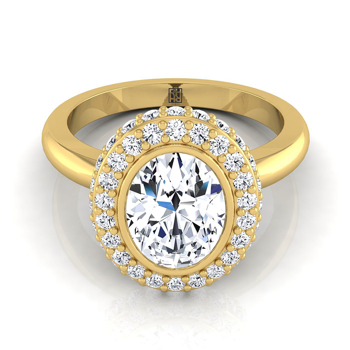 แหวนหมั้นเดี่ยวแบบโซลิแทร์ทรงวงรี 3D ฮาโล่ ประดับเพชรแบบปาเว่ ขอบตัวเรือนทองคำเหลือง 14K