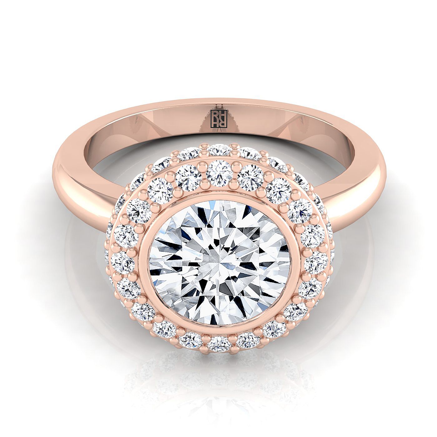 Round Brilliant, 3D Bezel Pavé Halo Solitaire, in 14K Rose Gold | RockHer
