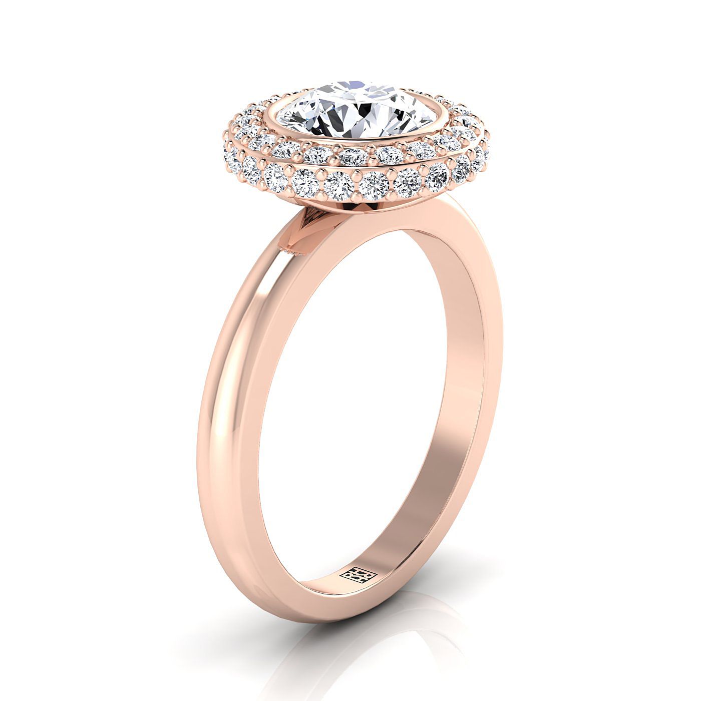 Round Brilliant, 3D Bezel Pavé Halo Solitaire, in 14K Rose Gold – side profile | RockHer