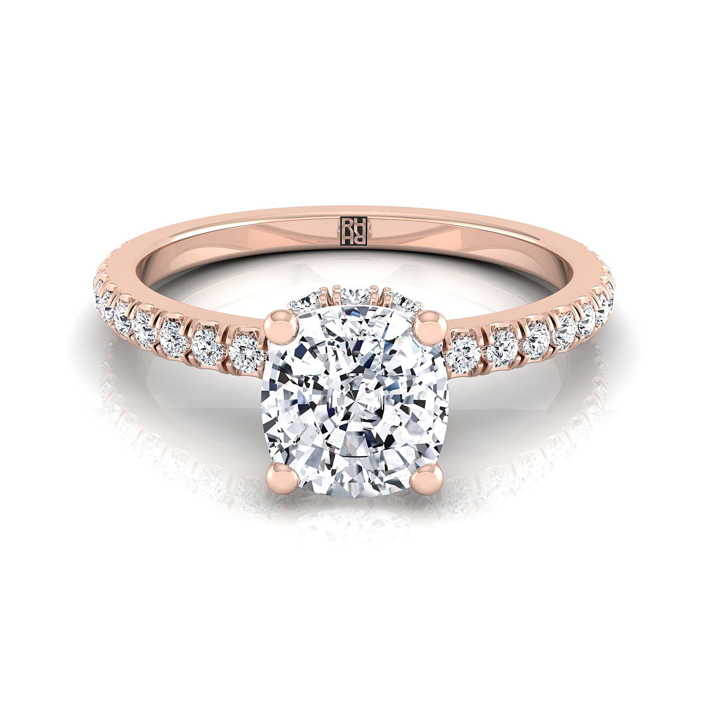 Secret Halo French Pavé Solitaire Cushion, in 14K Rose Gold, prong setting | RockHer