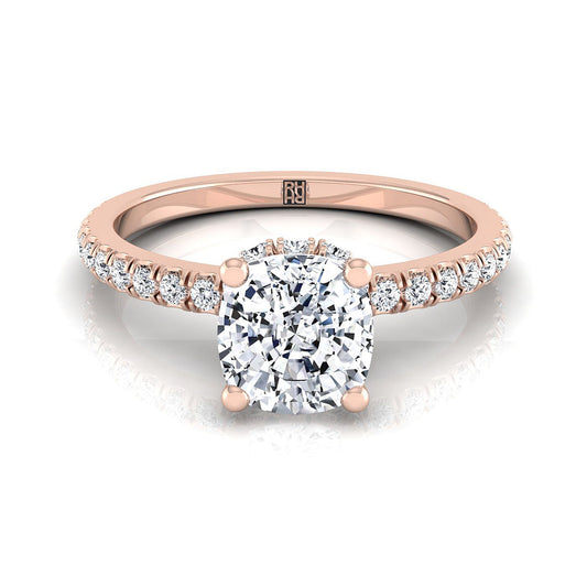 Secret Halo French Pavé Solitaire Cushion, in 14K Rose Gold, prong setting | RockHer