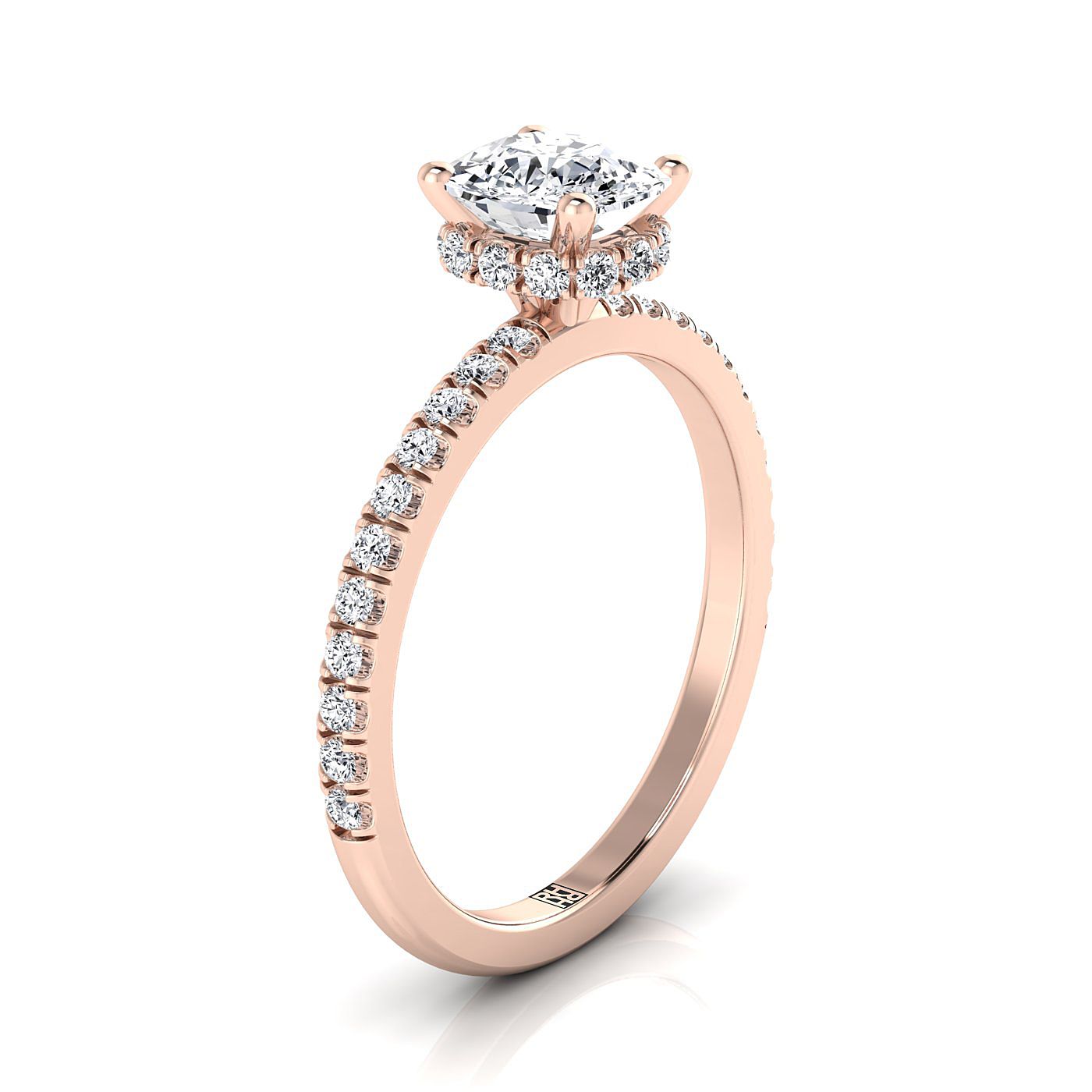 Secret Halo French Pavé Solitaire Cushion, in 14K Rose Gold, prong setting – side profile | RockHer
