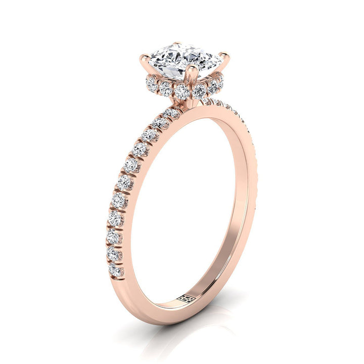 Secret Halo French Pavé Solitaire Cushion, in 14K Rose Gold, prong setting – side profile | RockHer