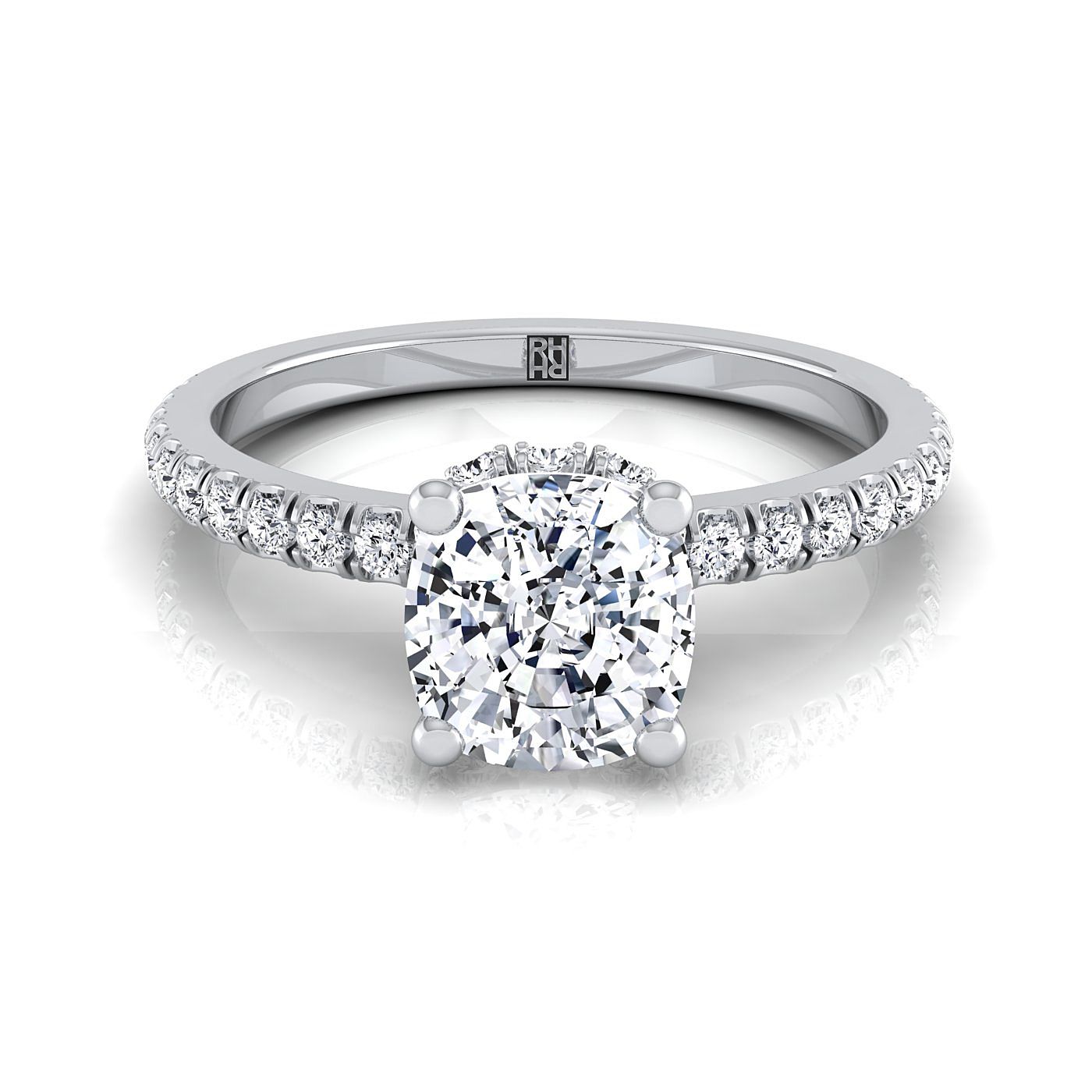 Secret Halo French Pavé Solitaire Cushion, in 18K White Gold | RockHer