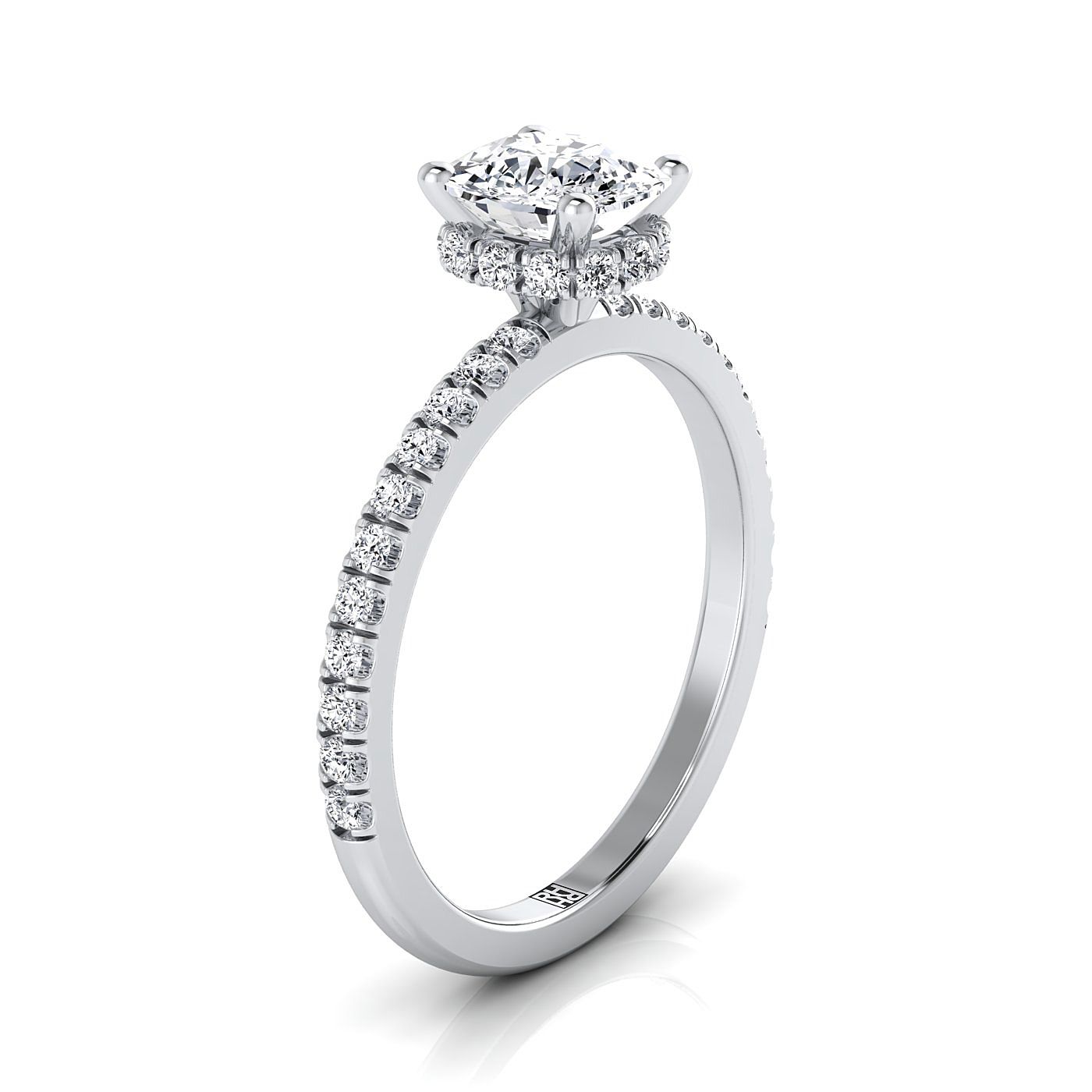 Secret Halo French Pavé Solitaire Cushion, in 18K White Gold – side profile | RockHer