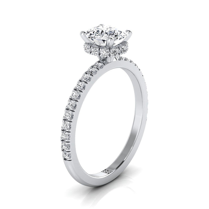 Secret Halo French Pavé Solitaire Cushion, in Platinum – side profile | RockHer