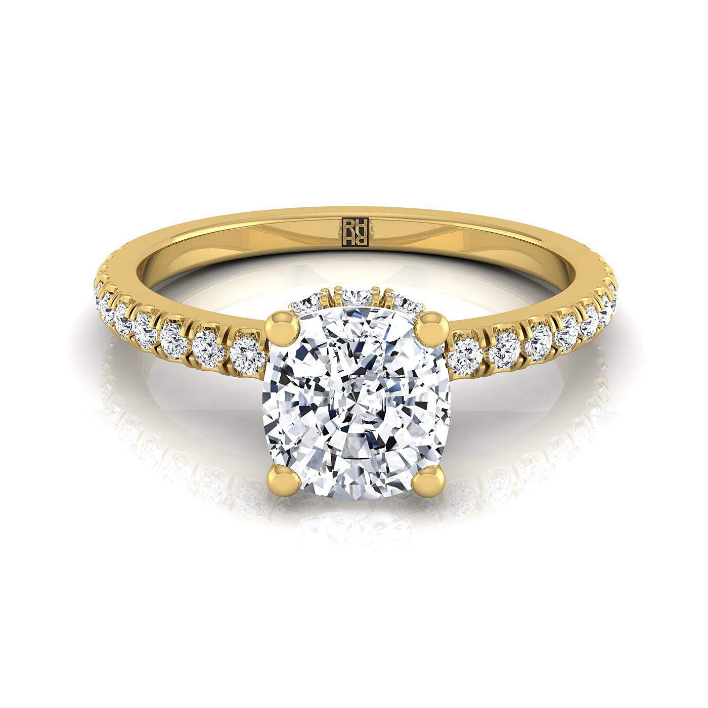14K Yellow Gold Cushion Diamond Secret Diamond Halo French Pave Solitaire Engagement Ring -1/3ctw