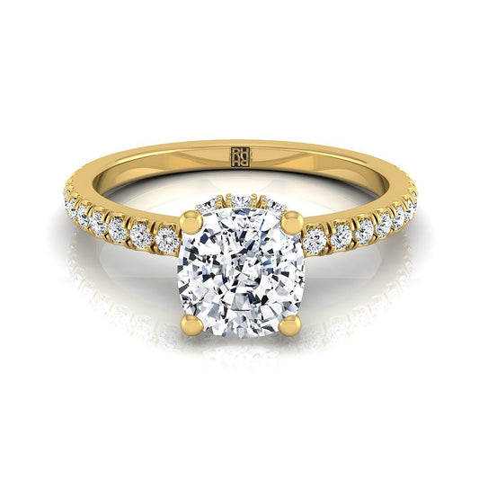 Secret Halo French Pavé Solitaire Cushion, in 18K Yellow Gold | RockHer