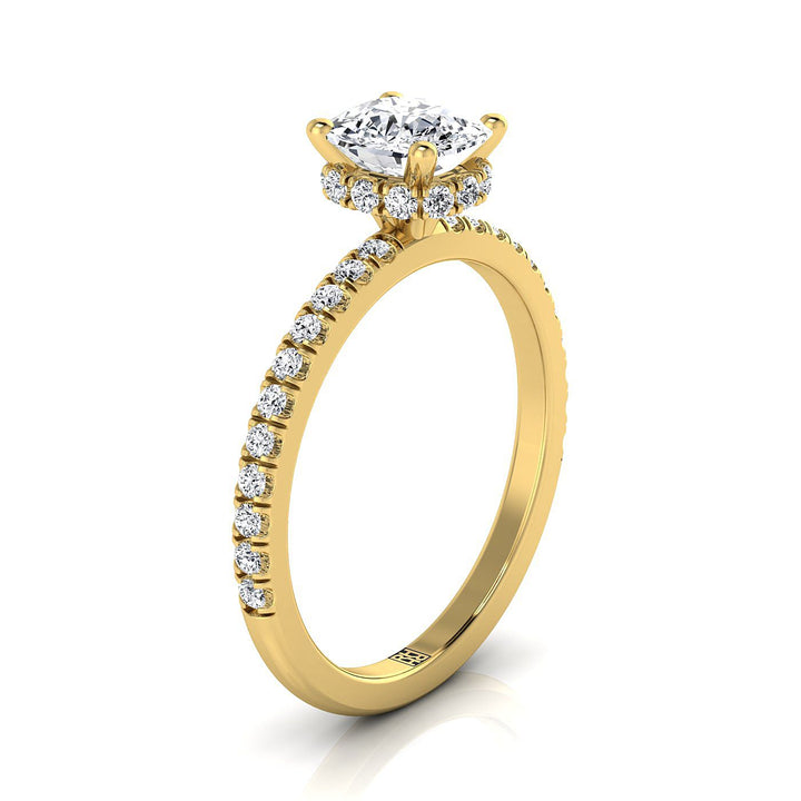 Secret Halo French Pavé Solitaire Cushion, in 18K Yellow Gold – side profile | RockHer