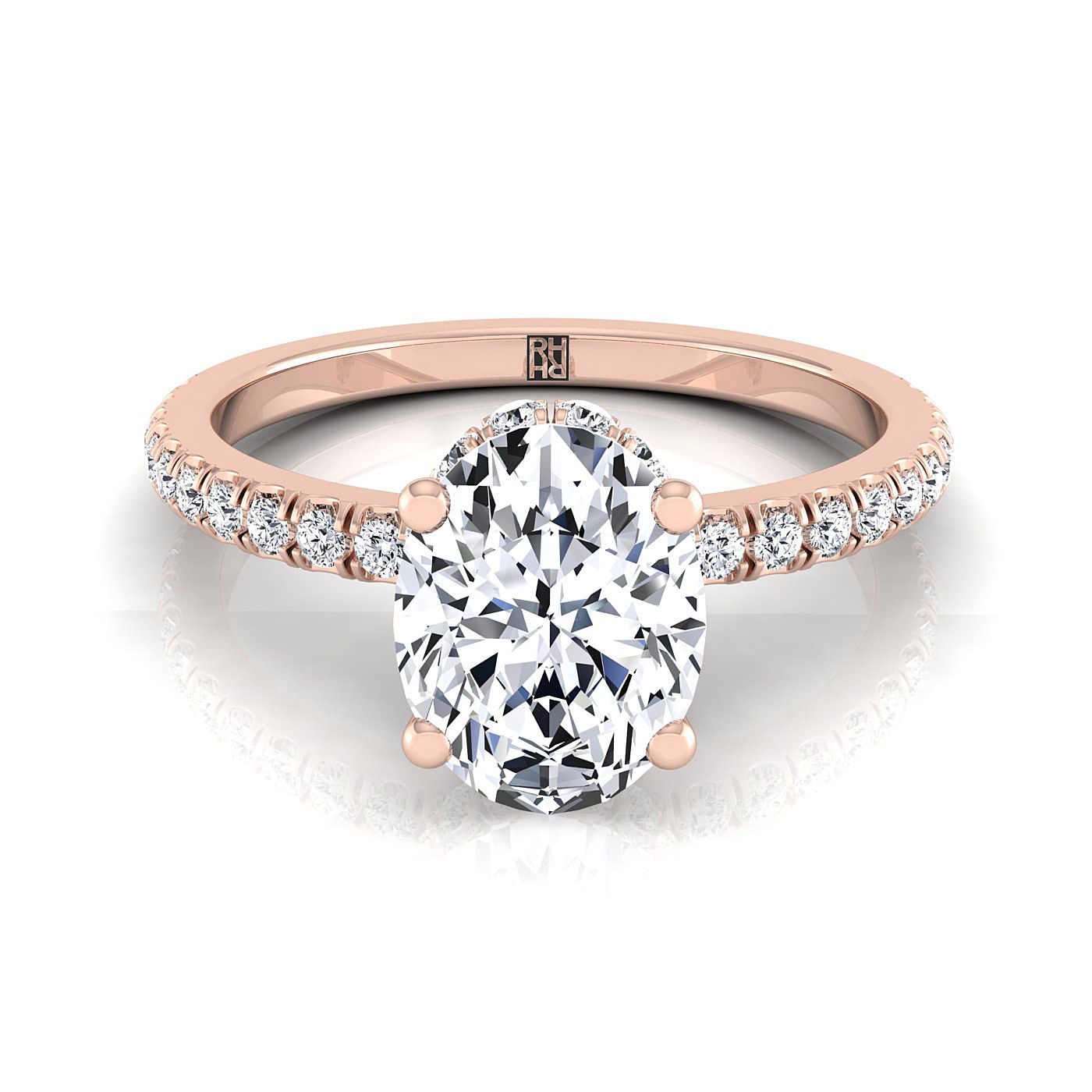 Secret Halo French Pavé Solitaire Oval, in 14K Rose Gold, prong setting | RockHer