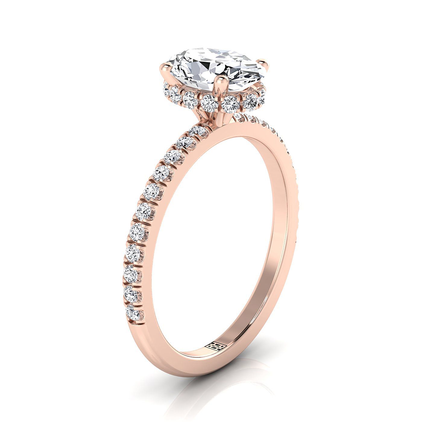 Secret Halo French Pavé Solitaire Oval, in 14K Rose Gold, prong setting – side profile | RockHer