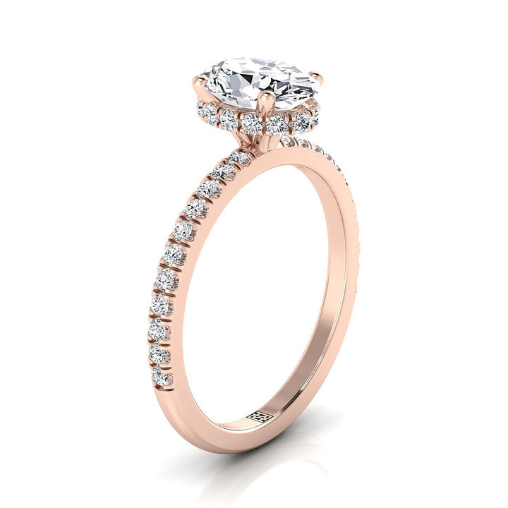 14K Rose Gold Oval Ruby Secret Diamond Halo French Pave Solitaire Engagement Ring -1/3ctw