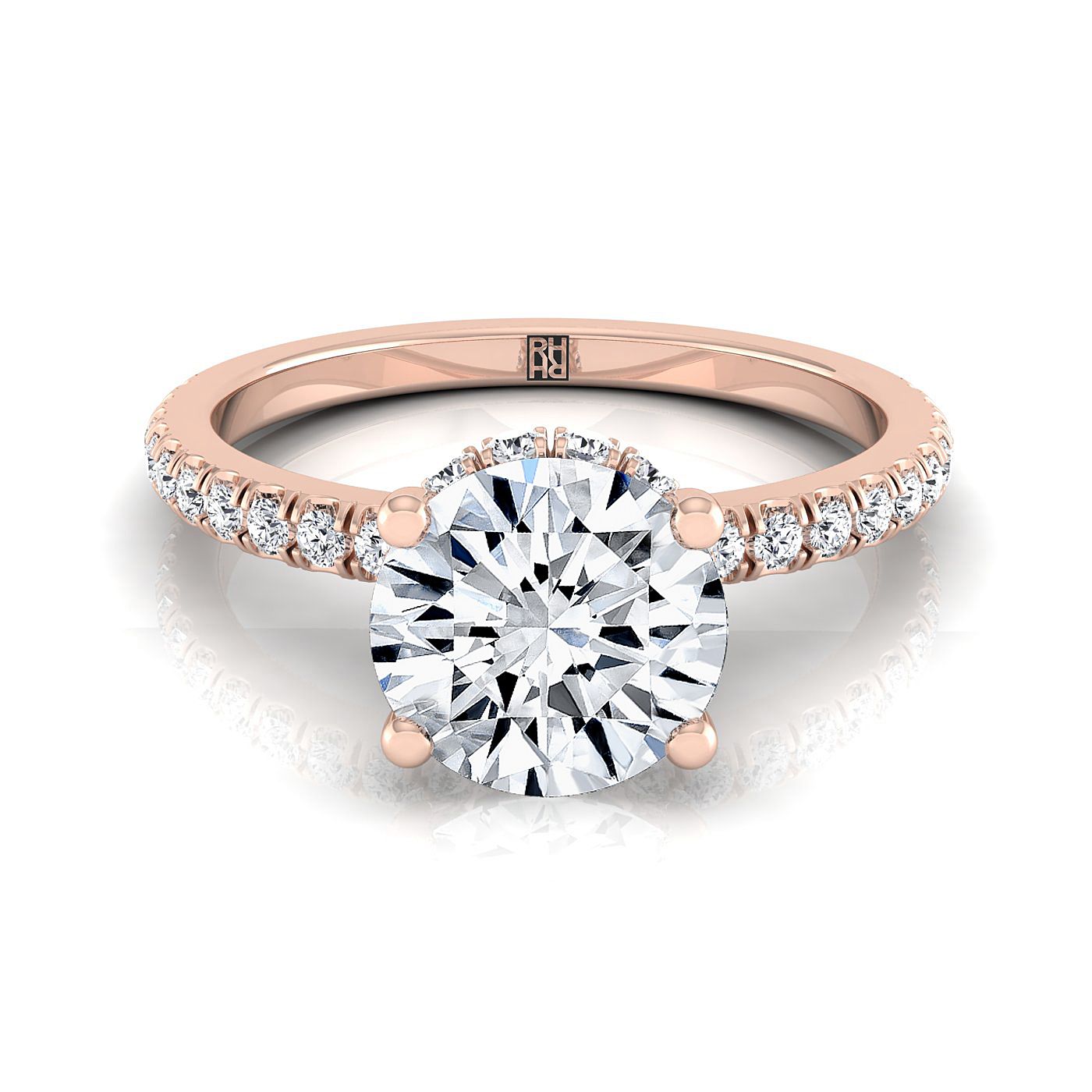 Round Brilliant, Secret Halo French Pavé Solitaire, in 14K Rose Gold, prong setting – view 8 | RockHer
