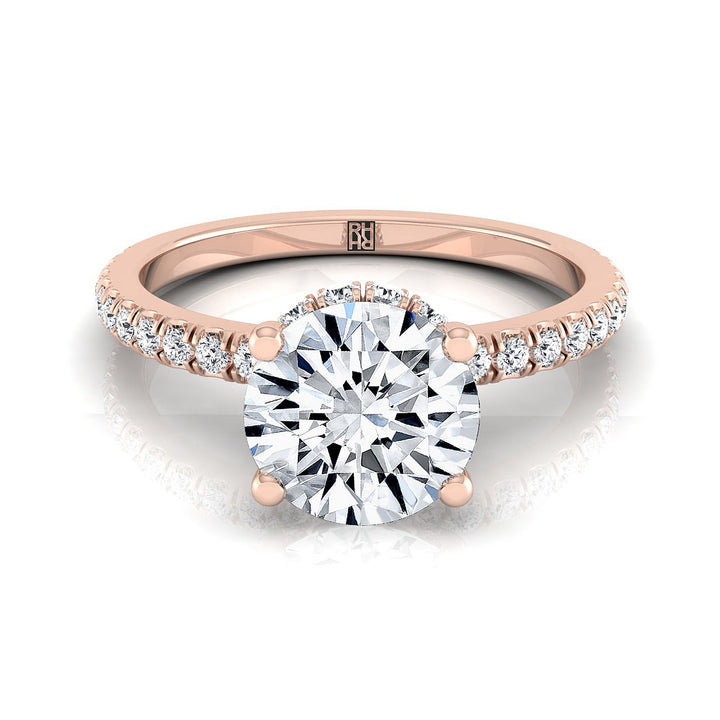 Round Brilliant, Secret Halo French Pavé Solitaire, in 14K Rose Gold, prong setting – view 8 | RockHer