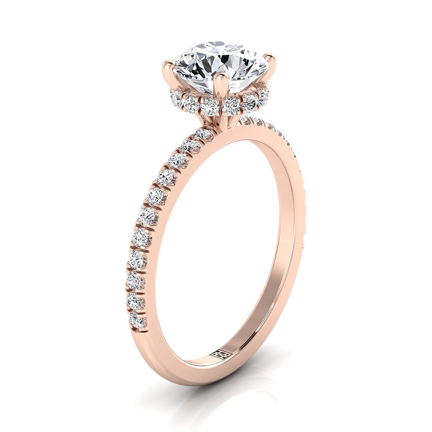Round Brilliant, Secret Halo French Pavé Solitaire, in 14K Rose Gold, prong setting – view 9 | RockHer