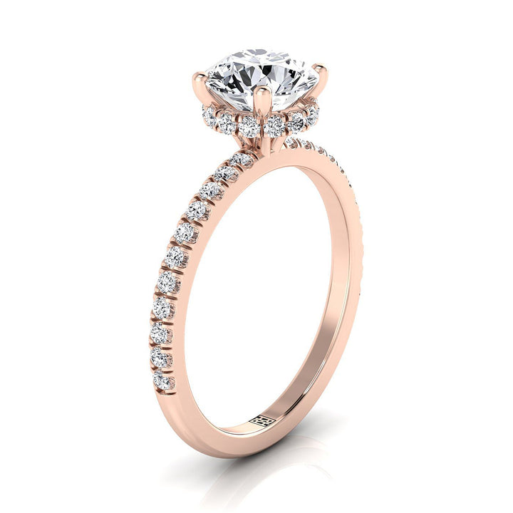 Round Brilliant, Secret Halo French Pavé Solitaire, in 14K Rose Gold, prong setting – view 9 | RockHer