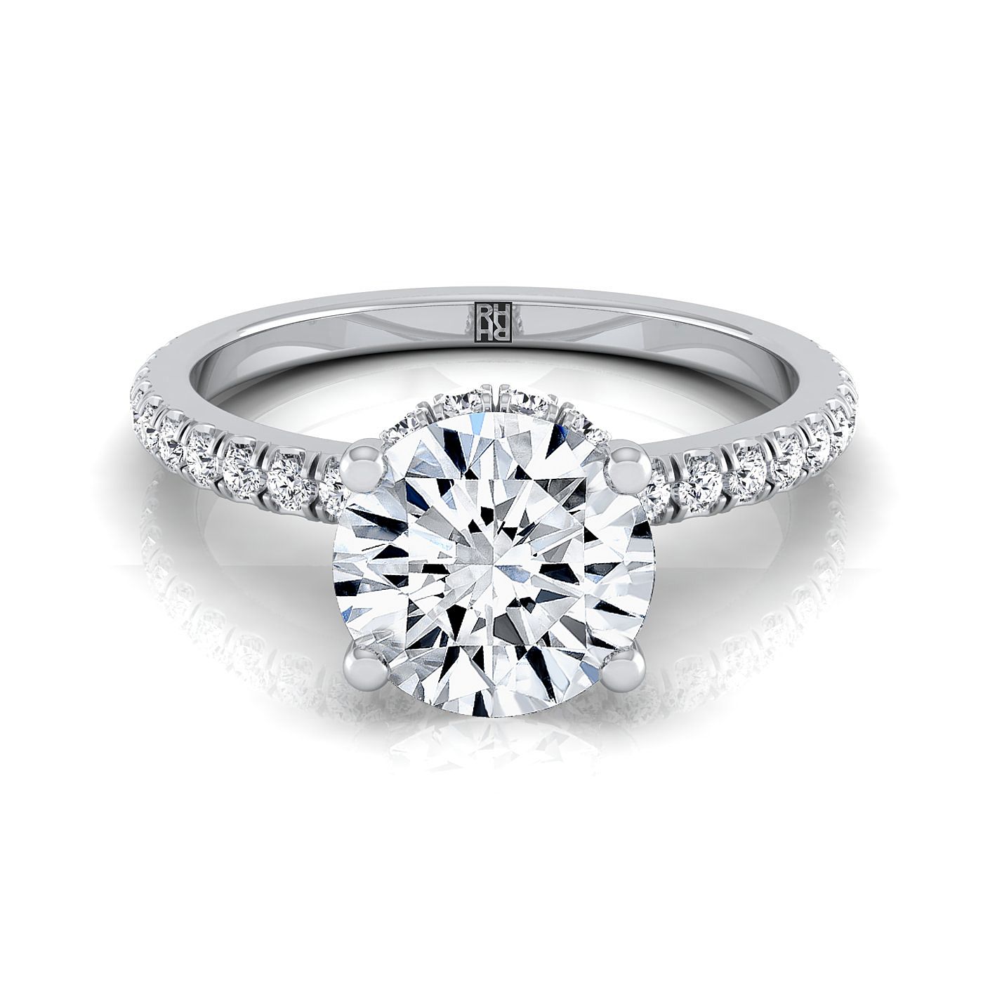 Round Brilliant, Secret Halo French Pavé Solitaire, in 18K White Gold – view 8 | RockHer