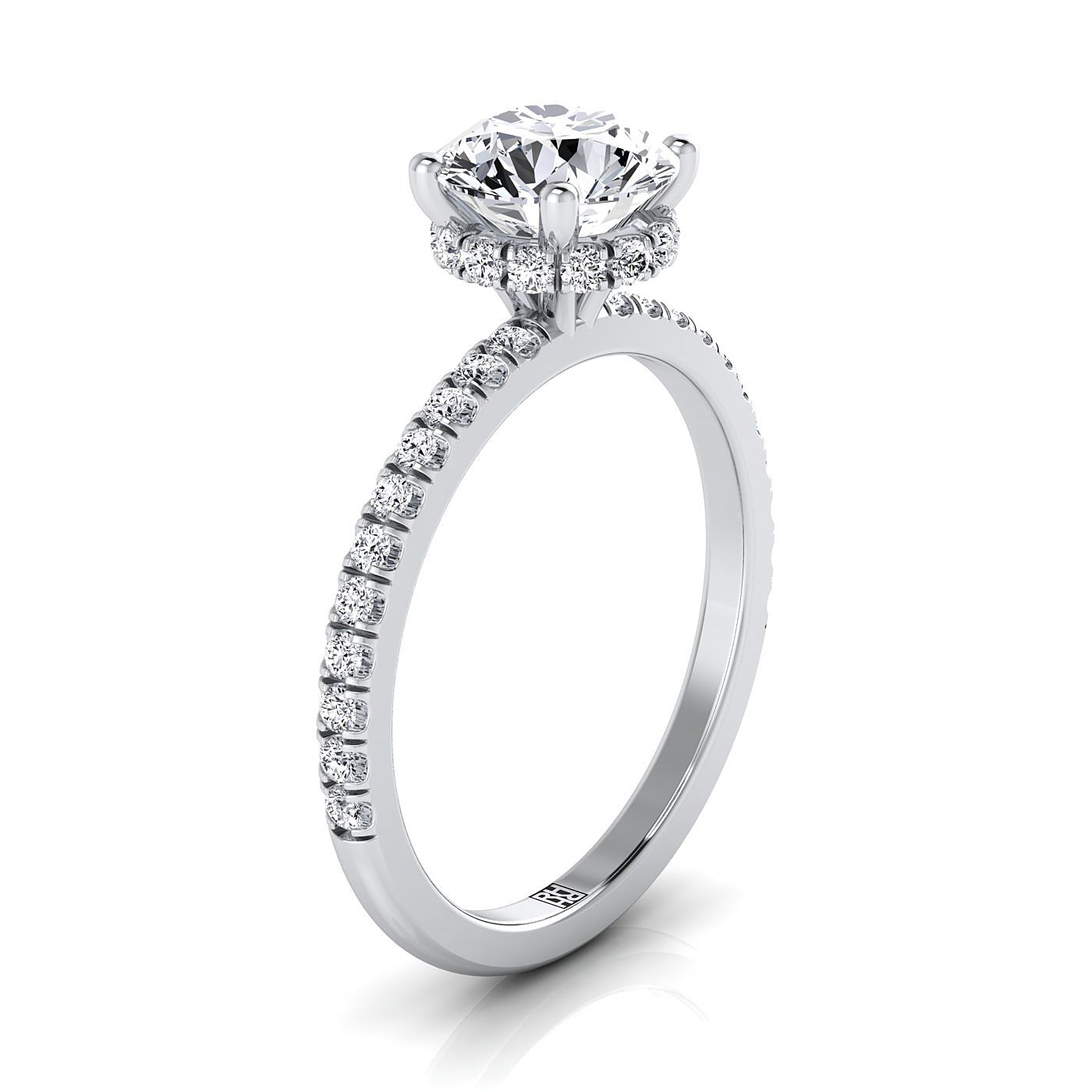 Round Brilliant, Secret Halo French Pavé Solitaire, in 18K White Gold – view 9 | RockHer