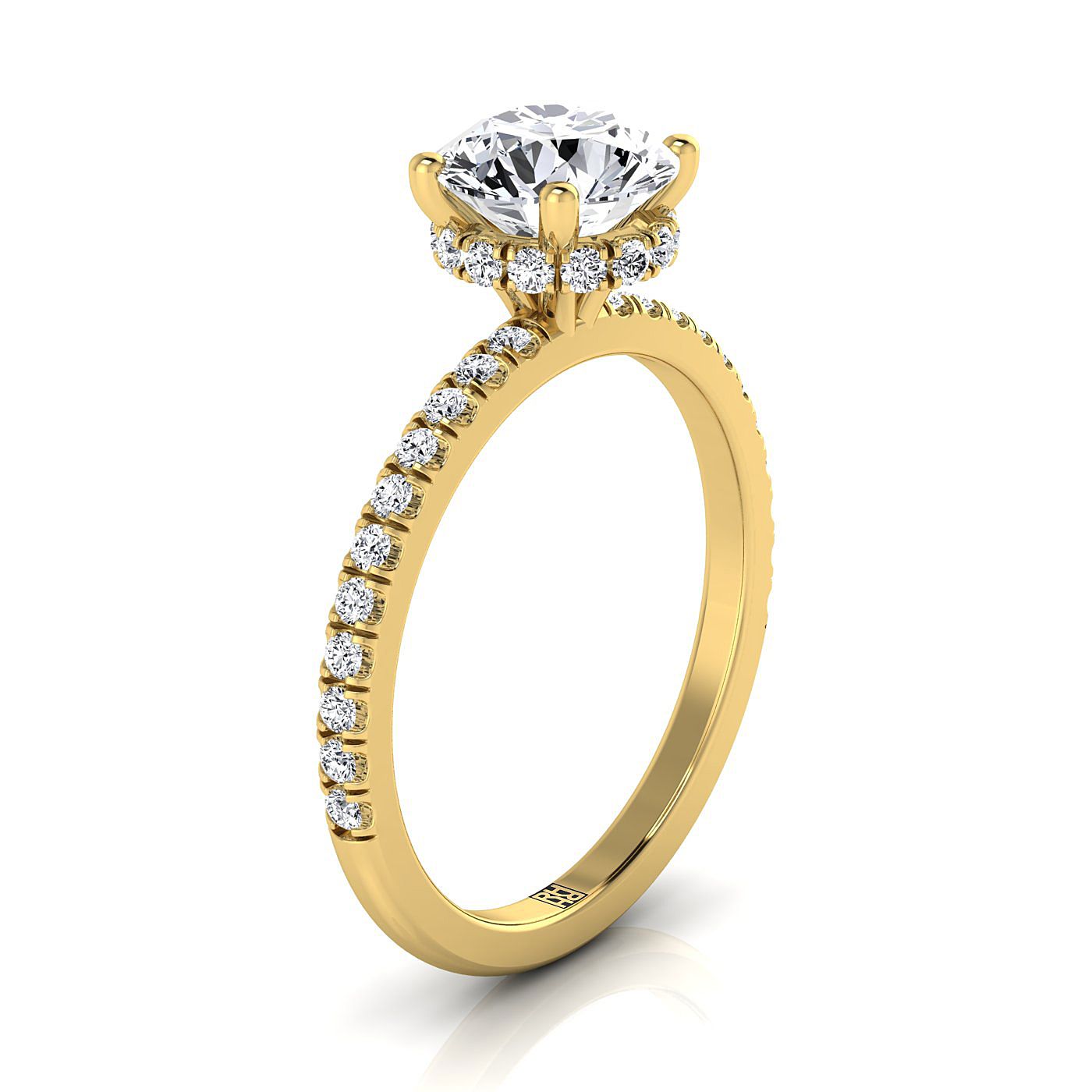 Round Brilliant, Secret Halo French Pavé Solitaire, in 18K Yellow Gold – view 9 | RockHer