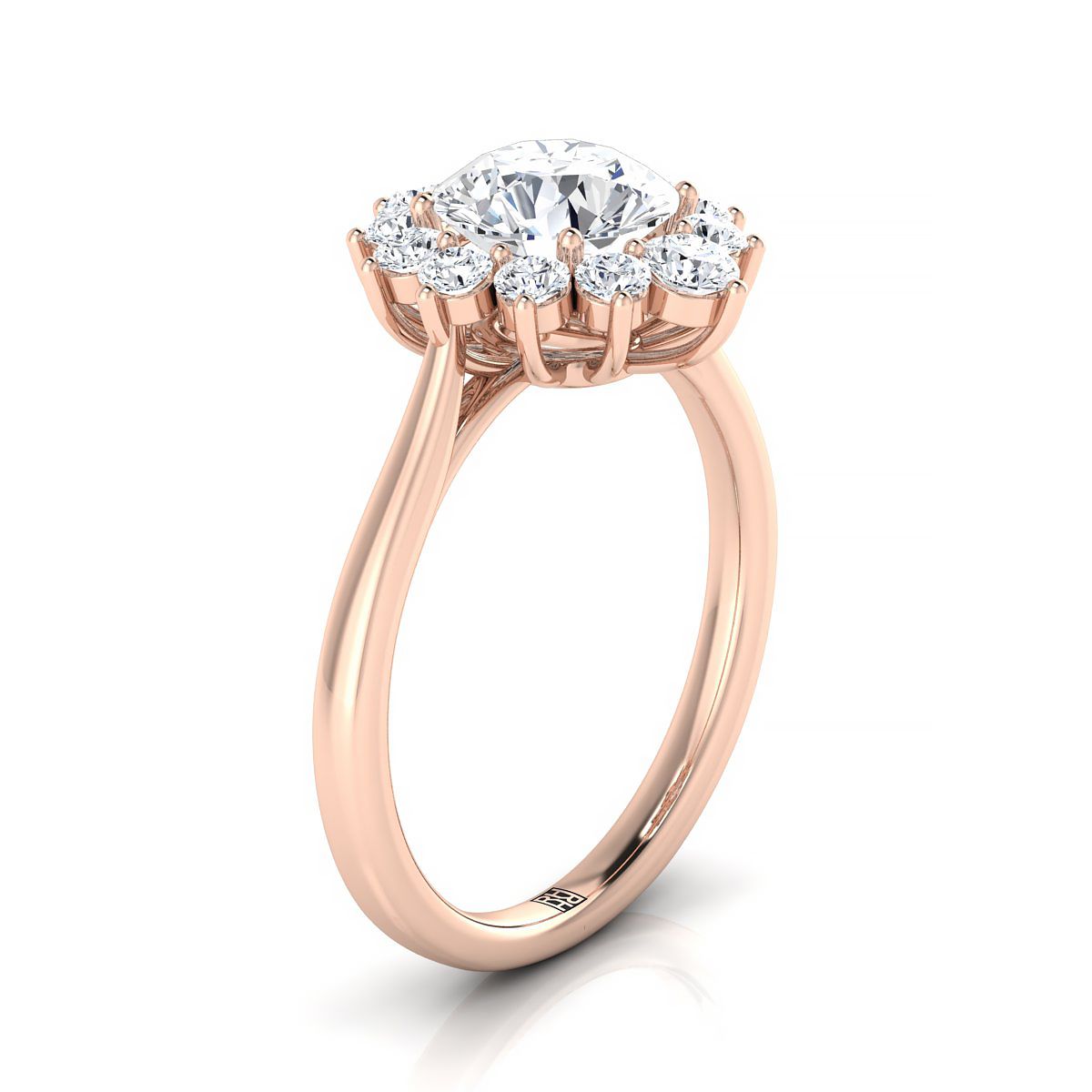 Round Brilliant, Floral Halo, in 14K Rose Gold, prong setting – side profile | RockHer