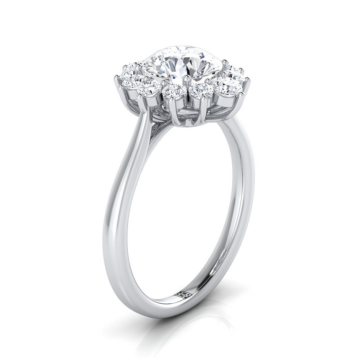 Round Brilliant, Floral Halo, in Platinum – side profile | RockHer