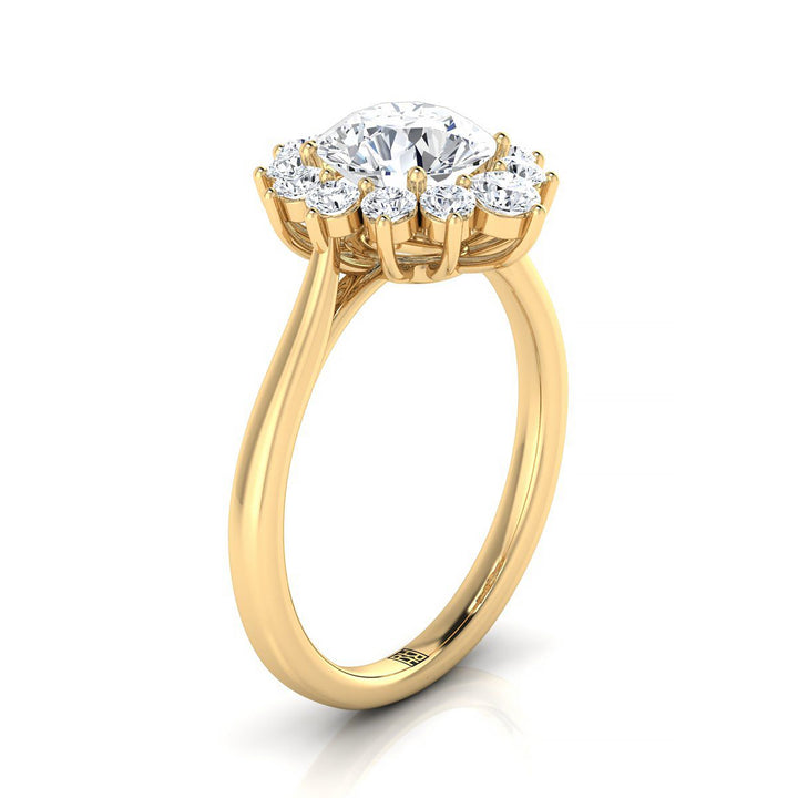 Round Brilliant, Floral Halo, in 18K Yellow Gold – side profile | RockHer
