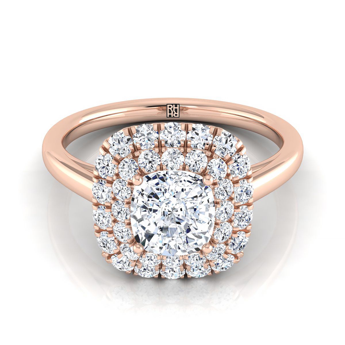 Stair Step Double Halo Cushion, in 14K Rose Gold, pave setting – view 8 | RockHer