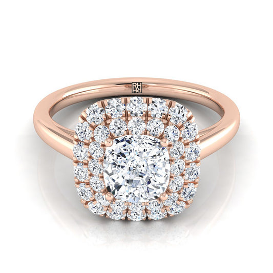 Stair Step Double Halo Cushion Engagement Ring Setting in 14K Rose Gold