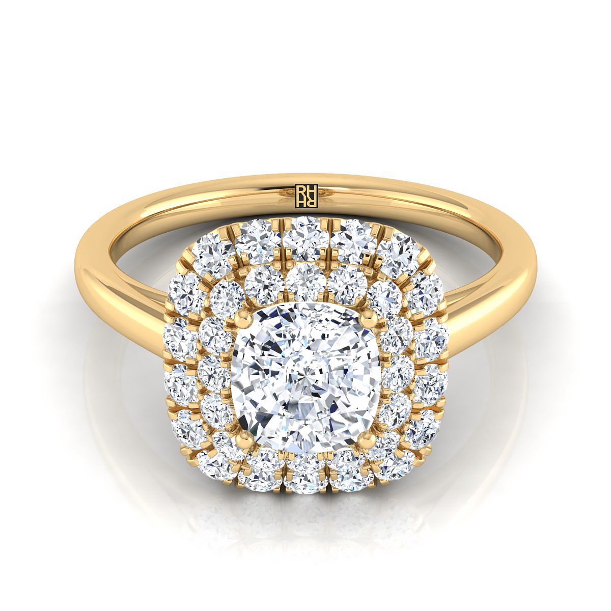 Stair Step Double Halo Cushion, in 18K Yellow Gold | RockHer