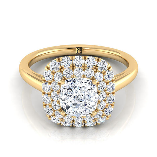 Stair Step Double Halo Cushion, in 18K Yellow Gold | RockHer
