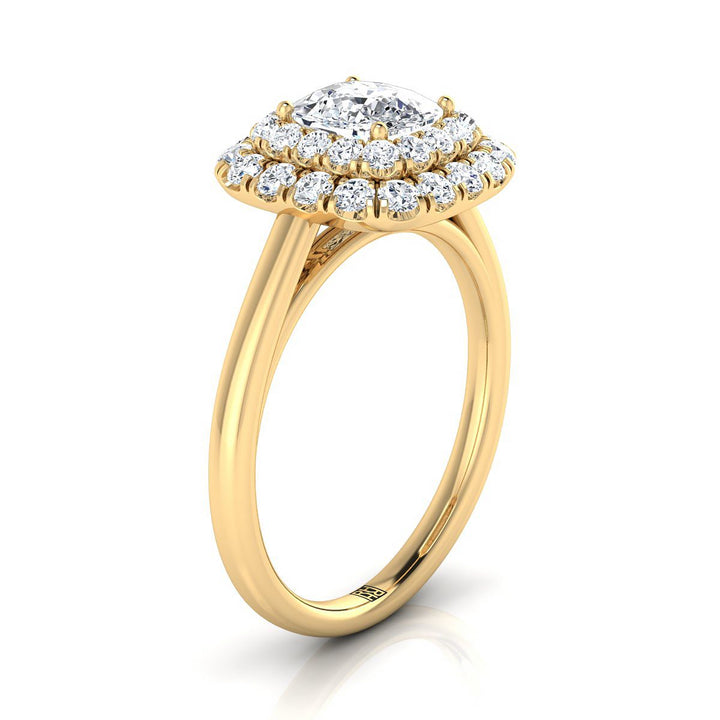 Stair Step Double Halo Cushion, in 18K Yellow Gold – side profile | RockHer