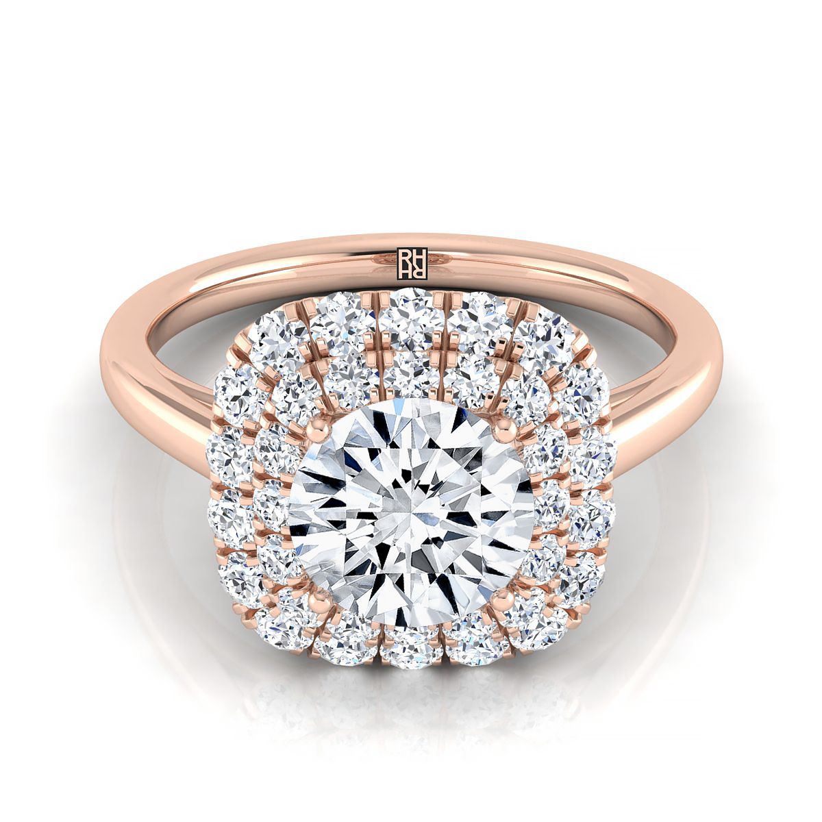 Round Brilliant, Stair Step Double Halo Round, in 14K Rose Gold, pave setting | RockHer