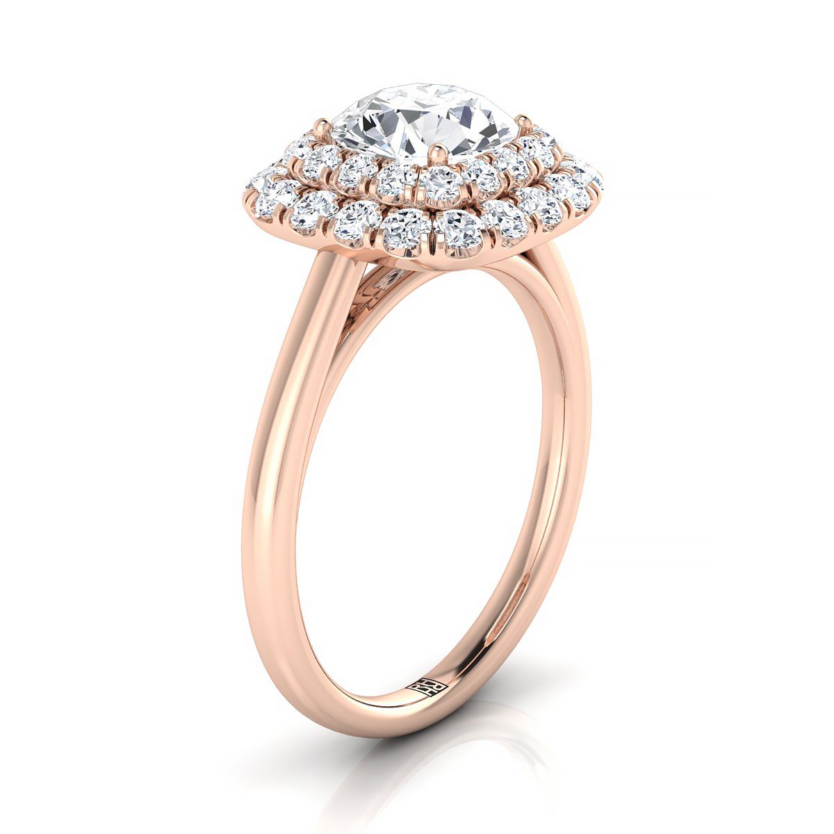 Round Brilliant, Stair Step Double Halo Round, in 14K Rose Gold, pave setting – side profile | RockHer