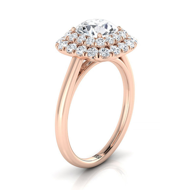 Round Brilliant, Stair Step Double Halo Round, in 14K Rose Gold, pave setting – side profile | RockHer