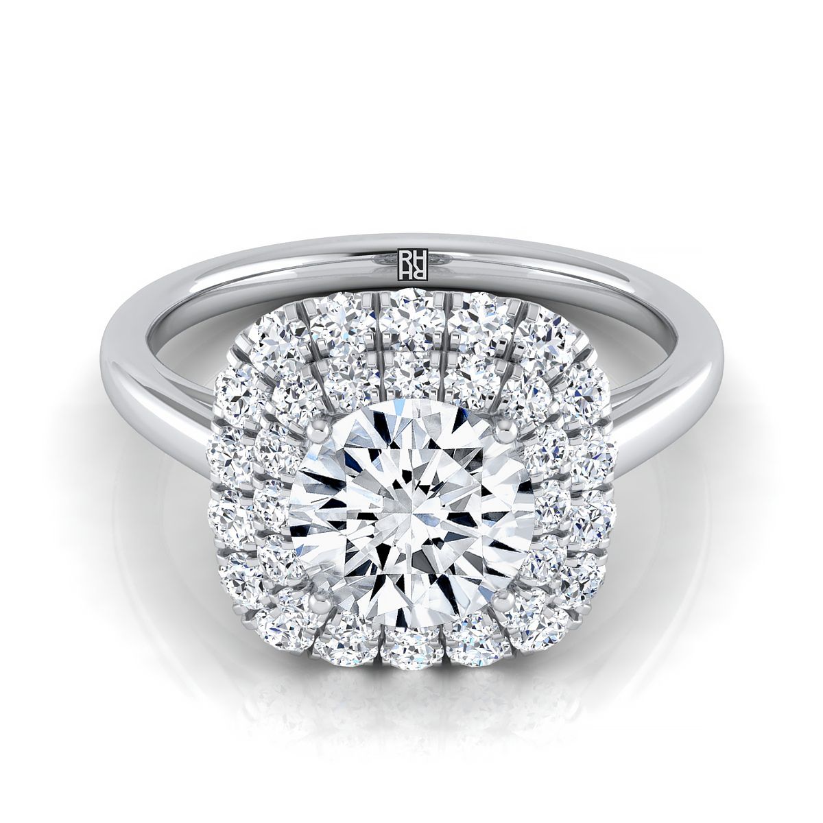 Round Brilliant, Stair Step Double Halo, in 18K White Gold | RockHer