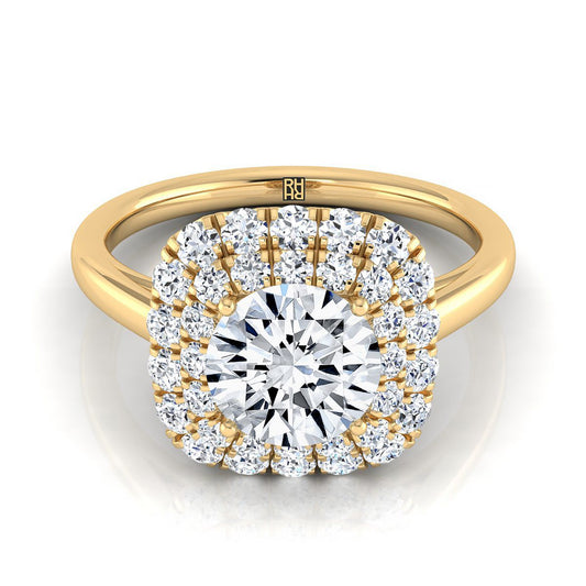 Round Brilliant, Stair Step Double Halo Round, in 18K Yellow Gold | RockHer