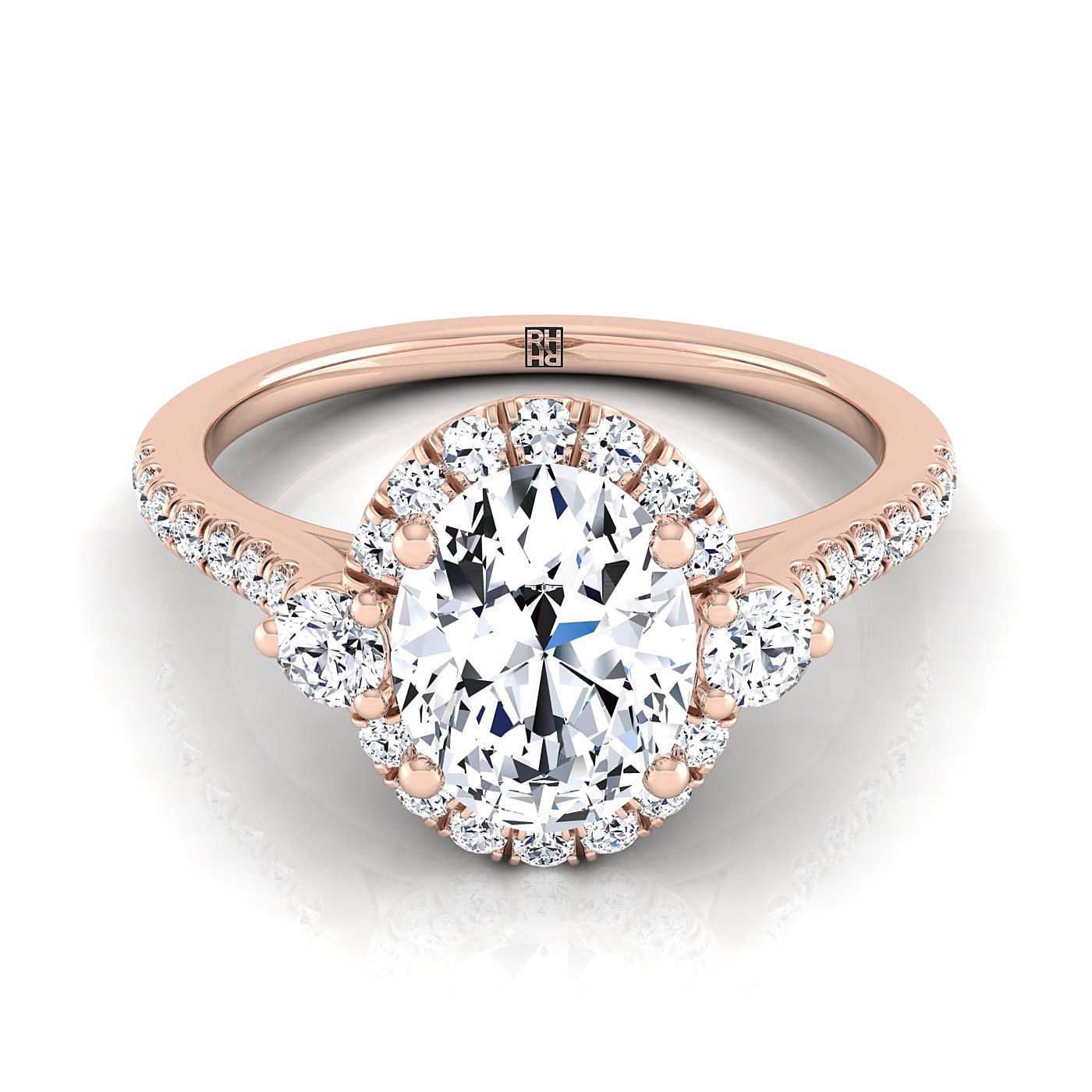 Three Stone Delicate Halo Oval, in 14K Rose Gold, pave setting | RockHer