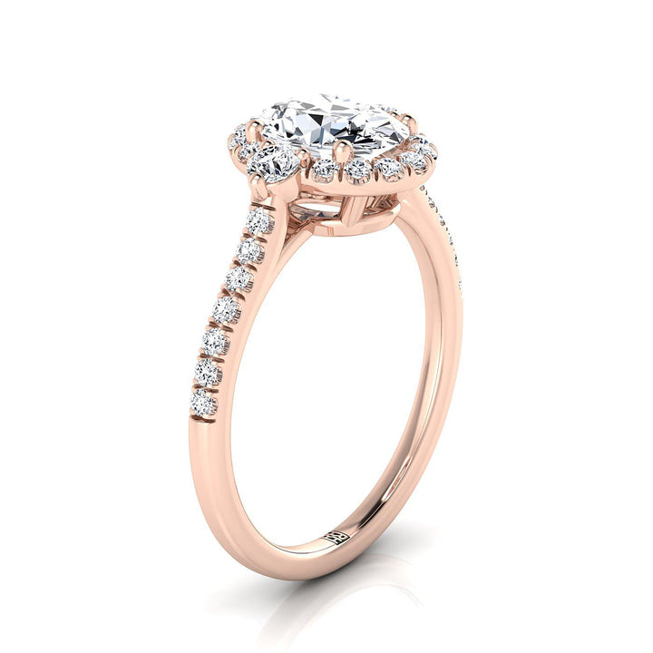Three Stone Delicate Halo Oval, in 14K Rose Gold, pave setting – side profile | RockHer