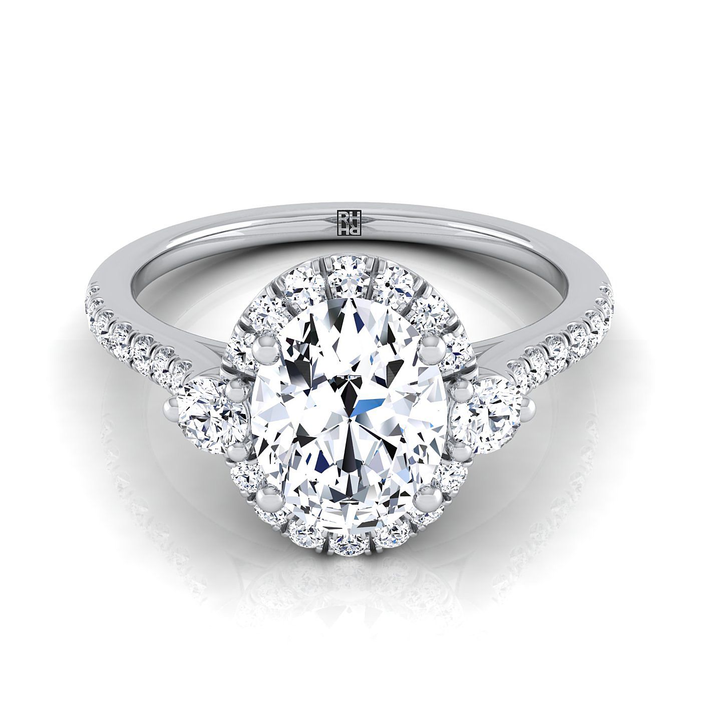 Three Stone Delicate Halo Oval, in Platinum – view 8 | RockHer