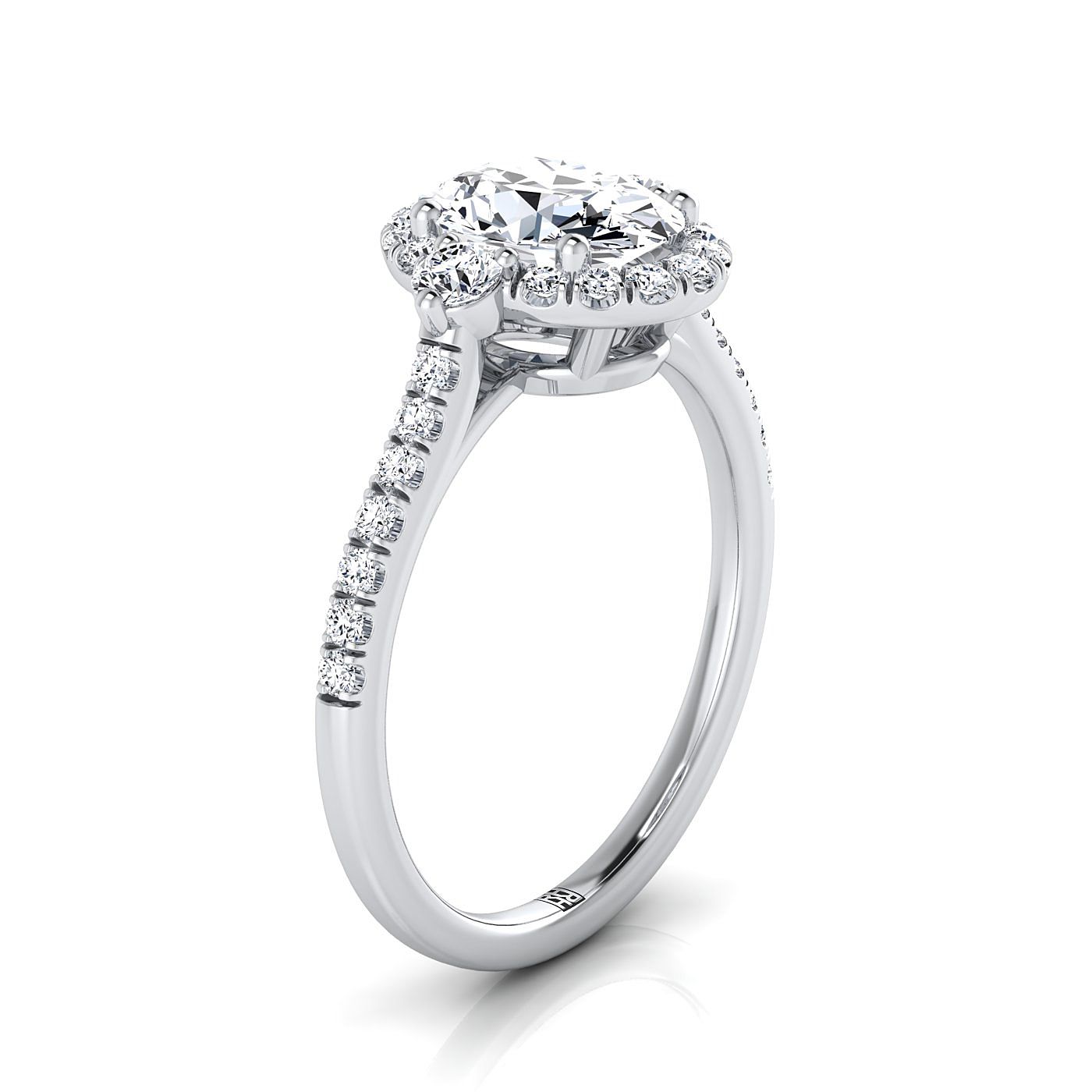 Three Stone Delicate Halo Oval, in Platinum – view 9 | RockHer