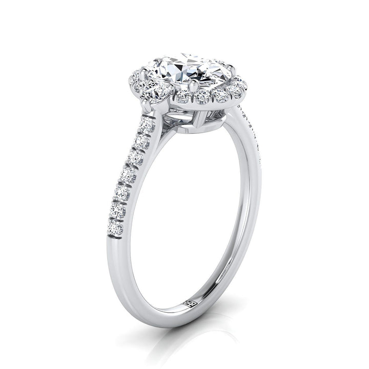 Three Stone Delicate Halo Oval, in Platinum – view 9 | RockHer