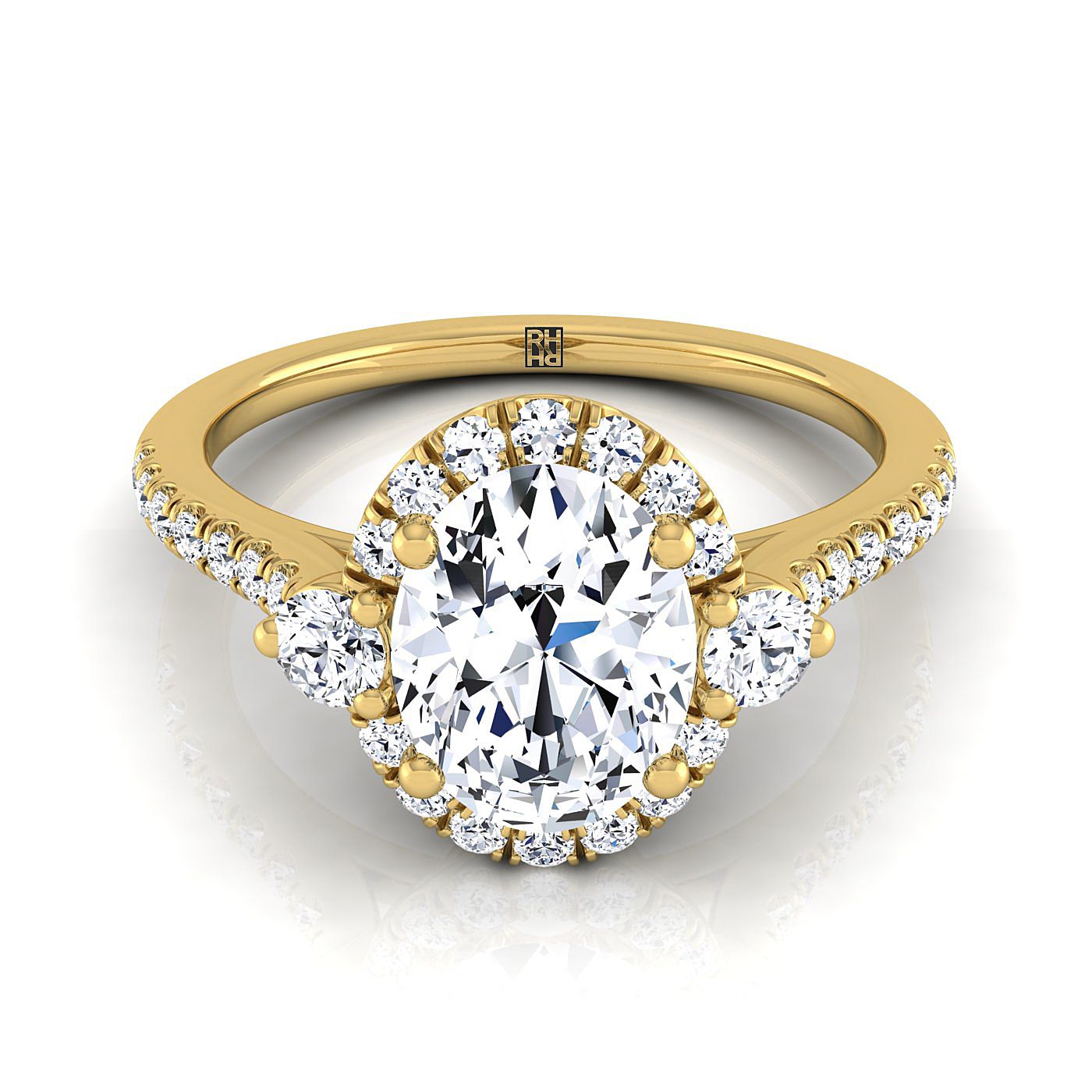 Ivy Select three stone delicate halo oval oval ring in 14K Yellow Gold — view — RockHer